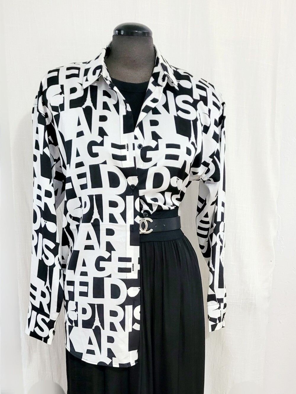 Karl Lagerfeld Black and White Logo Print Button-Down Shirt